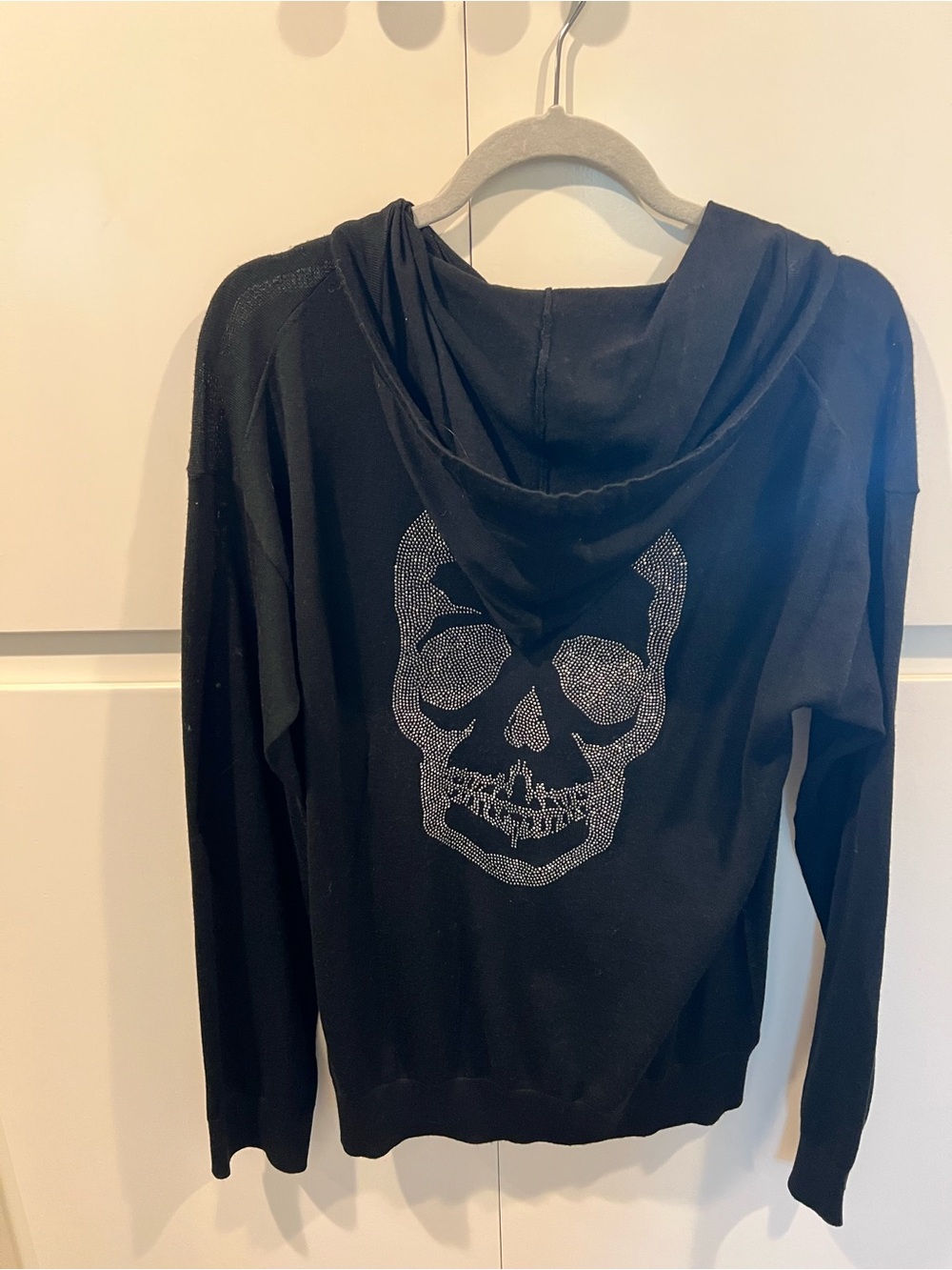 Black Hooded Sweater with Rhinestone Skull Detail (Two holes on sleeve)